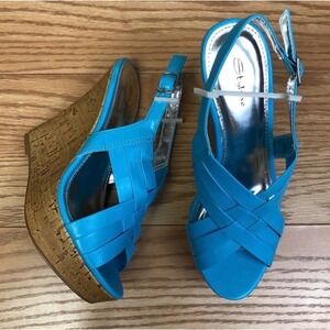 New STYLUXE Mummy Blue Turquoise Cork Wedge with Silver – Size 7